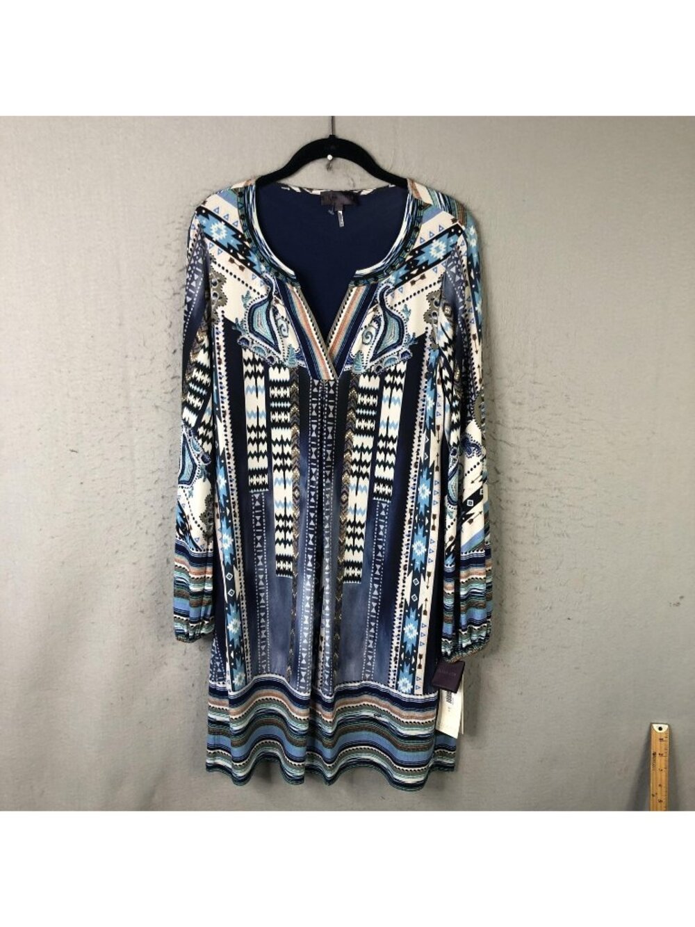 Hale Bob Dress Womens M Blue Geometric Jersey Shift Long Sleeve Boho Tribal